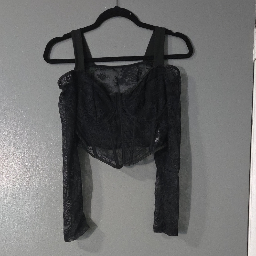 Black Lace Corset Top with Long Sleeves